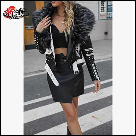 Faux Leather Jacket Studded Rivet Floral Moto Biker Short Lapel Coat - Picture 3 of 7